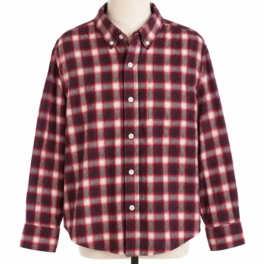 Old Navy Boys Red Navy Plaid Long Sleeve Button-Up Shirt Size 6/7 EUC